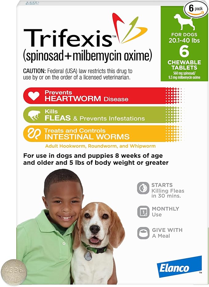 Trifexis Heartworm Prevention | Treats & Controls Flea Infestations + 4 Other Worms | Dogs 20.1-40 lbs. | 6 Chewables