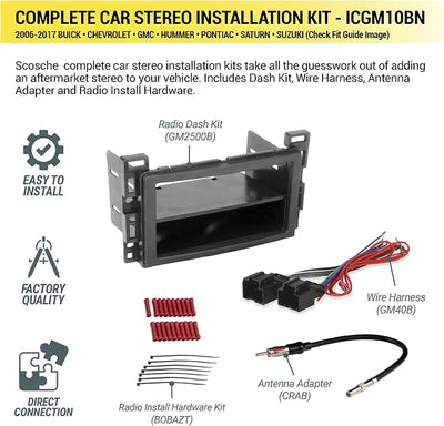 Scosche ICGM10BN Complete Double/Single DIN Stereo Installation Kit for Select Non-Amplified 2006-17 General Motors Vehicles - No Steering Wheel Remote - See Fit Guide in Images to Verify Your Vehicle
