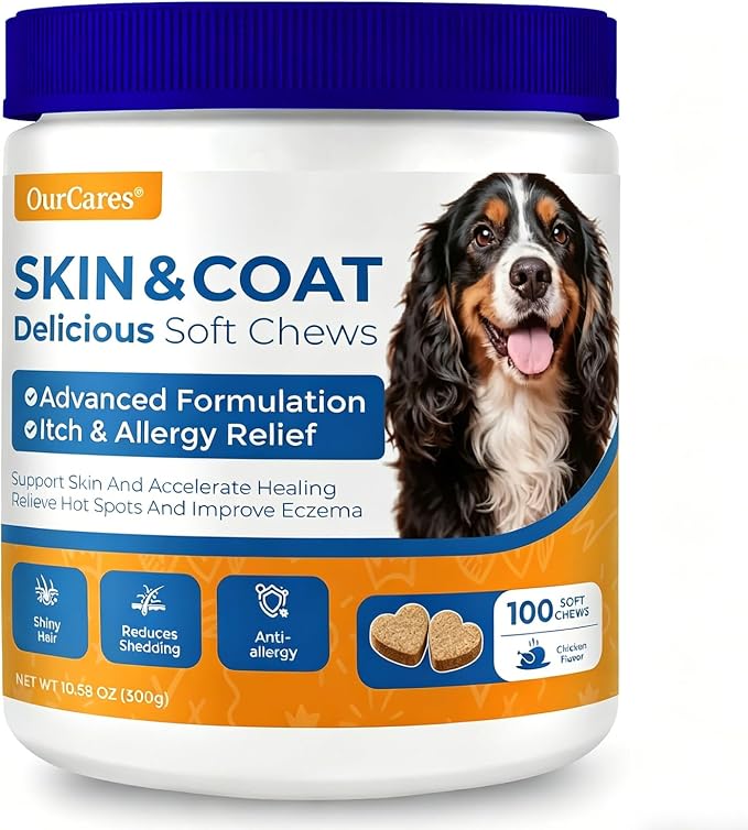 Omega 3 Fish Oil Soft Chews for Dogs — Allergy & Itch Relief, Skin and Coat Supplement for Shedding, Dry Skin, Hot Spots — EPA DHA, Wild Alaskan Salmon Oil — Chicken Flavor, 100 Count