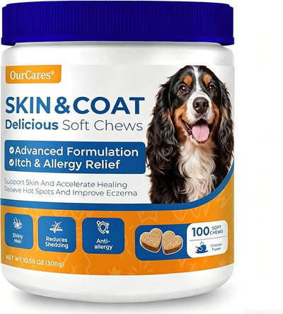 Omega 3 Fish Oil Soft Chews for Dogs — Allergy & Itch Relief, Skin and Coat Supplement for Shedding, Dry Skin, Hot Spots — EPA DHA, Wild Alaskan Salmon Oil — Chicken Flavor, 100 Count