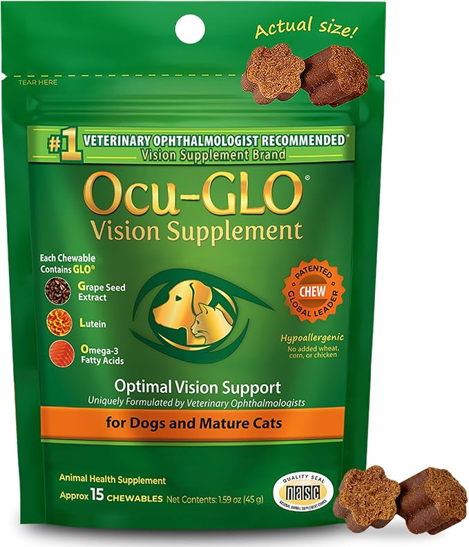 Ocu-GLO Cat & Dog Supplement for Eye Support - Chewable Vision Vitamins Supplements for Small and Medium Pets with Lutein, Omega-3 Fatty Acids, Grape Seed Extract & Antioxidants