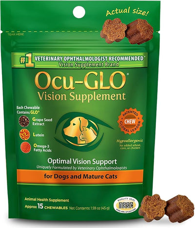 Ocu-GLO Cat & Dog Supplement for Eye Support - Chewable Vision Vitamins Supplements for Small and Medium Pets with Lutein, Omega-3 Fatty Acids, Grape Seed Extract & Antioxidants