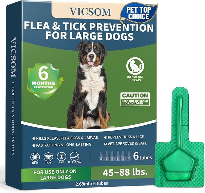 Flea and Tick Prevention for Dogs, 6 Months Supply Dog Flea and Tick Treatment Up to 45 to 88 Lbs, Waterproof Topical Flea Treatment for Large Dogs - Fast-Acting Flea, Tick, and Mosquito Repellent