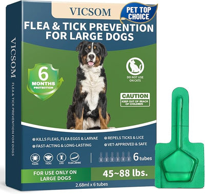 Flea and Tick Prevention for Dogs, 6 Months Supply Dog Flea and Tick Treatment Up to 45 to 88 Lbs, Waterproof Topical Flea Treatment for Large Dogs - Fast-Acting Flea, Tick, and Mosquito Repellent