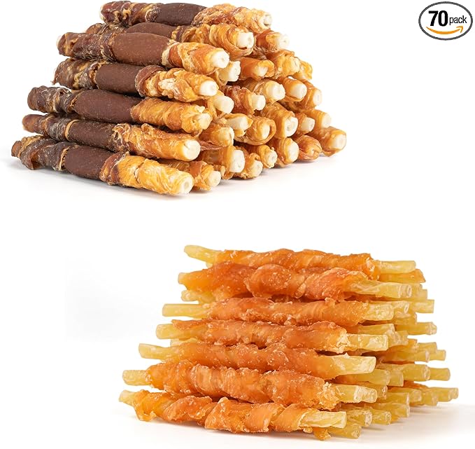 MON2SUN 5 Inch Triple Flavor Rawhide 30 Count for Small and Medium Dogs & Chicken Wrapped Cod Sticks 40 Count for Small Dogs
