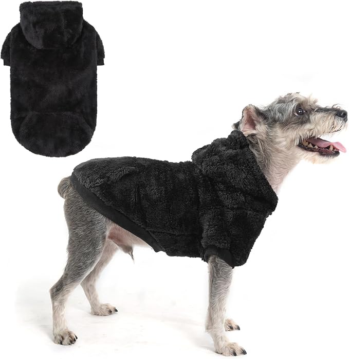 SCENEREAL Fleece Dog Sweaters Hoodie for Small Medium Large Dogs Girls Boys, Plush Fuzzy Dog Clothes Hoodies with Leash Hole, Winter/Fall Puppy Cold Weather Coat, Sherpa Hooded Sweatshirt, Black S