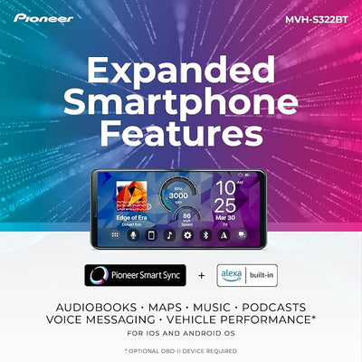 Pioneer MVH-S322BT 1-Din Digital Media Receiver – Bluetooth, USB, Color Change, FLAC, Voice Control, 50W x 4 Output, 13-Band EQ, AM/FM Radio, iPhone/Android Compatible, Front, Rear/SW Selectable RCA