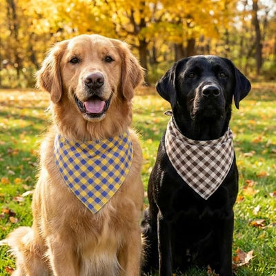 Cotton Linen Dog Bandanas 1 Pack, Plaid Checkered Bandana for Large Dogs, Soft Breathable Classic Dog Apparel & Accessories (Khaki Plaid, Large)