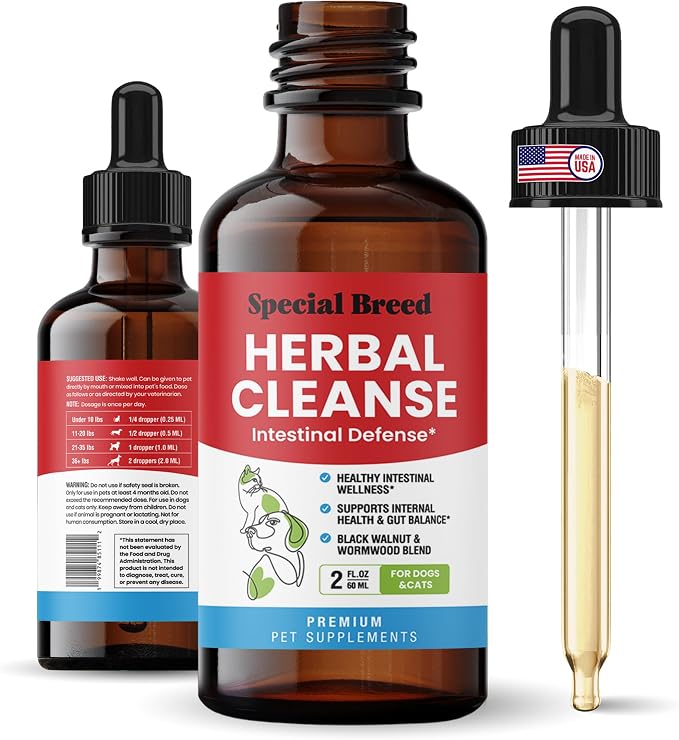 Herbal Cleanse for Dogs & Cats – Natural Intestinal Defense with Wormwood & Black Walnut – Herbal Gut Cleanse Liquid for Digestive Wellness & Gut Balance – Advanced Broad Spectrum Formula – 2 oz