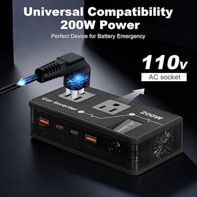 200W Car Power Inverter, Amcelooy Dual DC 12V to 110V AC Car Outlet Adapter to Wall Plug, Fast Charging 24W USB-C & USB Ports,Car Charger Cigarette Lighter Adapter for Phone,Laptop on Road Trip(Black)