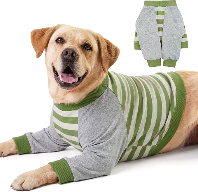 FUAMEY Dog Recovery Sleeve with Elbow Protector,Dogs Shirt Stop Licking Joints,Pet Long Sleeve Suit Protecting Dog's Front Leg Arm Wounds Cover Skin Conditions Green Stripes 3XL