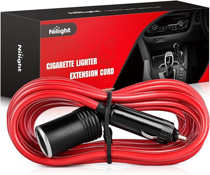 Nilight 10003W 14 Ft Male-to-Female Extension Cord Cable Heavy Duty 12V/24V Car Charger with Cigarette Lighter Socket,2 Years Warranty, red