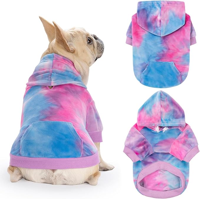PAWCHIE Dog Hoodie for Small Dogs,Tie Dye Dog Cloth with Leash Hole,Puppy Sweatshirt, Pet Outfit, Cat Apparel, Pink Blue SM