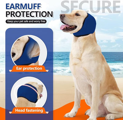 JOHNBOLIN Dog Ear Muffs & No Shake Ear Wrap for Hematoma, Bathing, Drying & Noise Anxiety Relief - Elastic Waterproof Ear Protector with Calming Hoodie Design for Grooming (Blue, L)