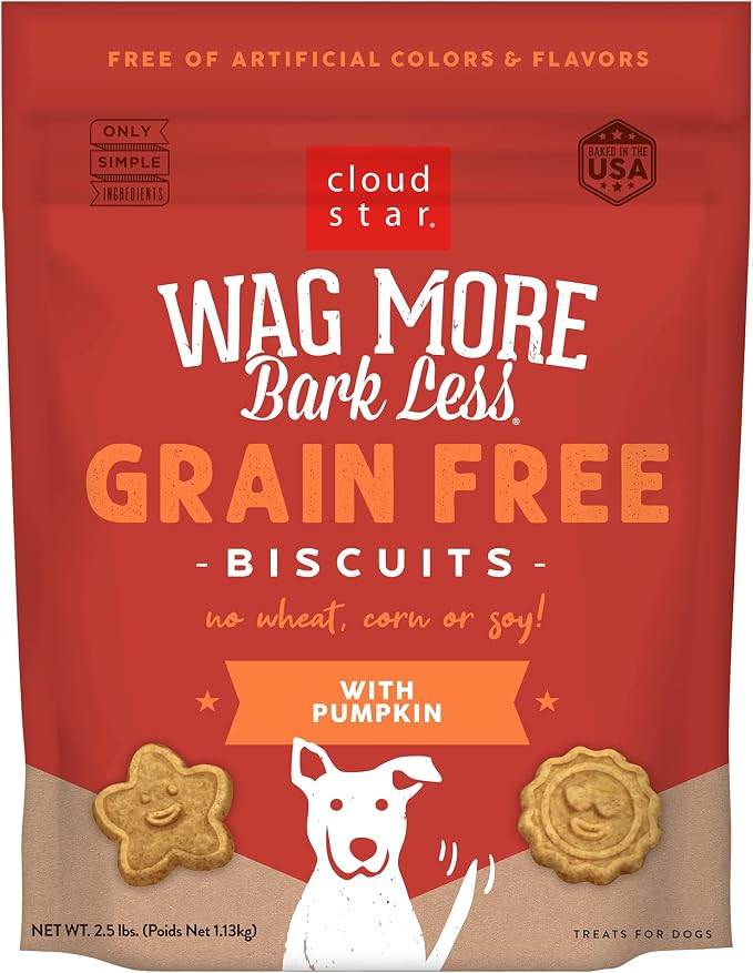 Cloud Star Wag More Bark Less - Dog Treats - Crunchy Biscuits - Grain Free Pumpkin - 2.5 lb Pouch