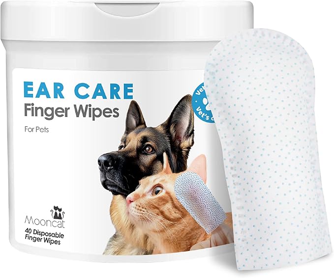 Mooncat Cat & Dog Ear Cleaner Finger Wipes, Gentle Ear Care, 40 Count | Soothing finger wipes for sensitive ears, Ear mites, Wax & odor control, Safe for Kittens & Puppies, Pre-moistened wipes