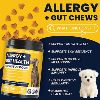 Dog Allergy Chews 200ct, Itch Relief for Dogs Anti Itch Aller Supplements Immune Chews Dog Allergies Gut Health Probiotics for Paws Itching and Licking Relief Bites for Dogs with Quercetin, Colostrum
