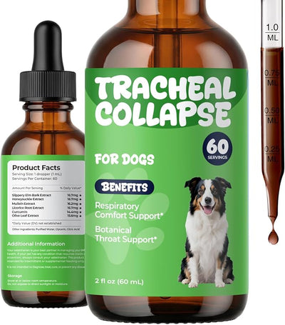 Dog Cough Relief - Collapsed Trachea Treatment for Dogs - Throat Calm Herbal Drops with Slippery Elm & Mullein - Trachea Supplement for Coughing & Airway Comfort