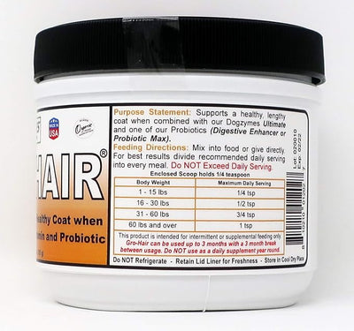 Dogzymes GRO-Hair for Length of Coat or Feathering, Fast Coat Growth or When sparse Coat and/or Bald Spots Need to Fill in.