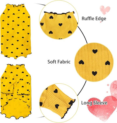 Pet Clothes for Small Dogs Cat Summer Fall Heart Print Shirt Stretchable Ruffle Long Sleeve Outfits for Chihuahua Schnauzer Shih Tzu Yorkie (Yellow, Small)