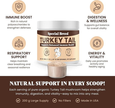 Organic Turkey Tail Mushroom for Dogs and Cats, Immune Support with Beta Glucans and Polysaccharides, Digestive and Respiratory Health, Pure Mushroom Powder, No Fillers, 200 ct
