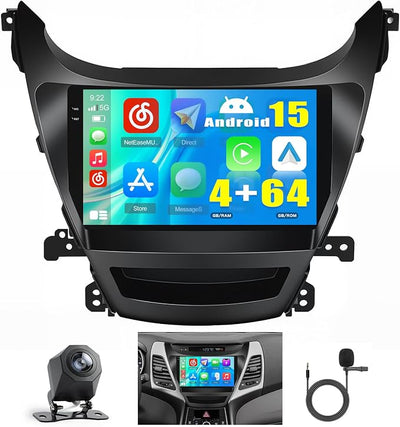 Hikity 4+64G Android 15 Car Stereo for Hyundai Elantra 2014-2016, 9” Touchscreen Radio with CarPlay, Android Auto, Bluetooth, GPS Navigation, WiFi, DSP, FM, RDS + AHD Backup Camera