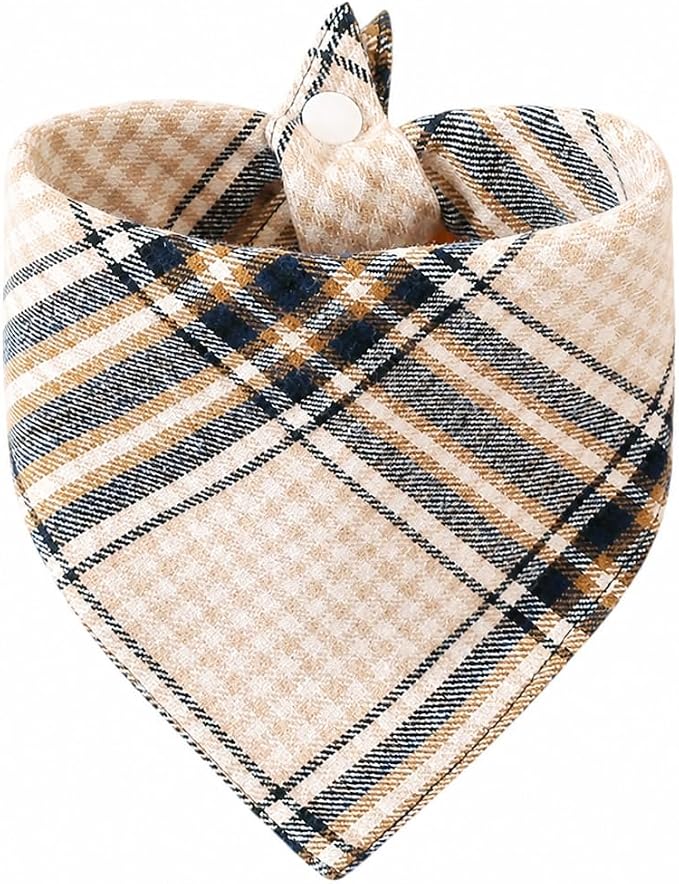 Dog Bandana Beige Navy Plaid 100% Cotton,Soft Adjustable Snap Closure,Large