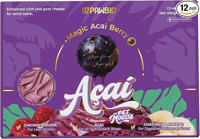 PawBio Probiotic Mousse- for Cats&Dogs Acai Goat Cheese, Gut Health Care, Reduce Shedding, Brighten Pet Coat, Digestive Support Snack, All, Nutritious Pet Food Supplement 12 Cups