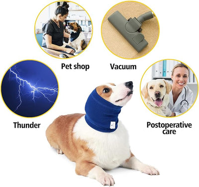 Dog Head Wrap - No Shake Quiet Ears for Dogs Anxiety Relief, Original Ear Covers Pet Calming Hoodie for Thunder, Lightning, Fireworks, Vet Visits, Grooming, High Stretch Ribbed Fabric, Blue S