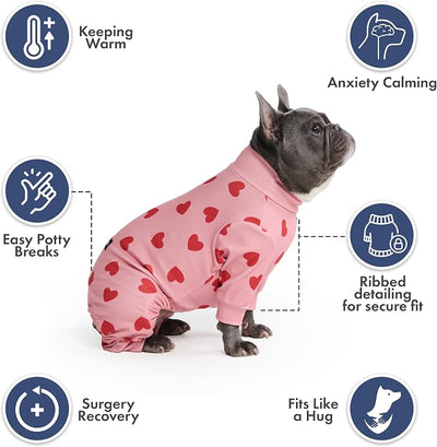 Spark Paws Dog Pajama, Dog Recovery Suit Male, Onesie, Ultra-Soft and 4-Way Stretch, for Small Medium and Large Breeds - Pink Hearts - S