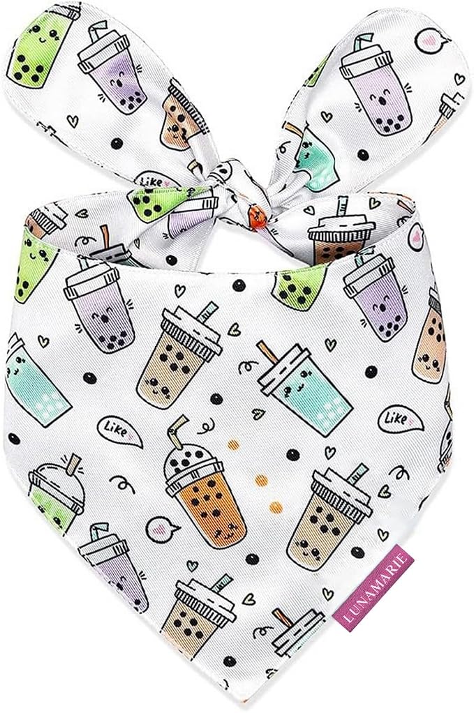 LunaMarie - Luxury Pet Birthday Bandanas -Premium & Silky Poly Fabric | 100% Handmade | Custom Shape Dual Layered (Boba, Small)