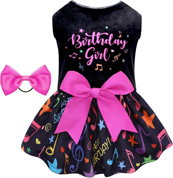 CuteBone Birthday Dog Dresses Velvet Holiday Small Dogs Clothes Onesie Pet Apparel Girl Puppy Skirt with Bow Hair Rope
