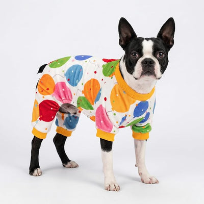 Fitwarm Balloon Dog Fleece Pajamas, Birthday Outfit for Small Dogs Boy Girl, Cozy Pet Onesie with Feet, White, Yellow, Red, Blue, Green, Small