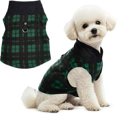 Rbenxia 1 PC Plaid Dog Sweaters with Leash Ring Soft Fleece Vest Dogs Pullover Warm Jacket Pet Dogs Clothes Winter Dog Outfits for Small Puppy Cat Pets (Green and Black, Small)