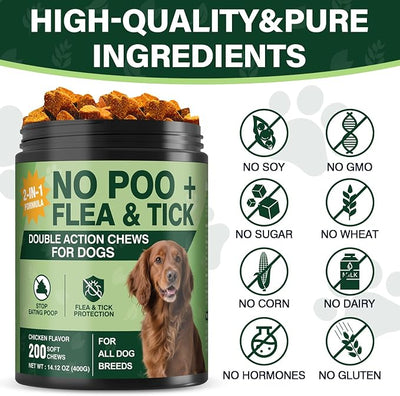 200 Chews Flea and Tick Prevention Chews-No Poo Chew for Dogs-2 in 1 Control Coprophagia & Flea Tick Supplement-Natural Soft Treats Deterrent Eat Poop with Digestive Enzymes Probiotics-Chicken