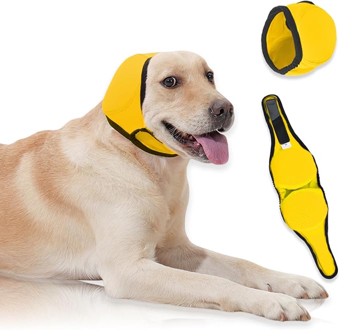 Dog Ear Covers,Dog Ear Muffs Noise Protection,No Flap Ear Wrap for Dogs Hematoma Recovery,Adjustable Calming Hoodie Shower Cap for Grooming,Bathing,Swimming & Anxiety Relief(Yellow,M)