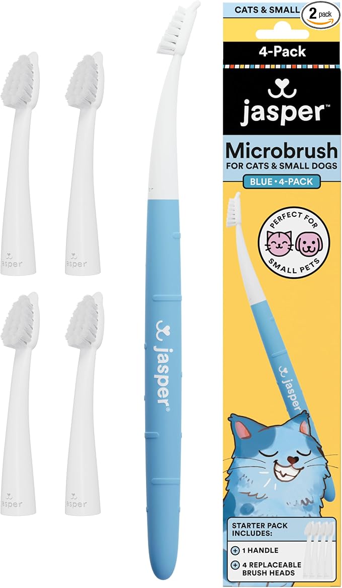 Jasper Microbrush Vet Approved Cat Toothbrush, Soft-Bristled Toothbrush Kit for Felines & Small Dogs, Non-Slip Handle, Tooth Brush Heads, Use with Cat Toothpaste, 4-Pack Blue