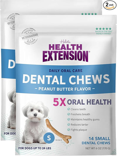 Health Extension Peanut Butter Dental Bones for Dogs, 14 Small Bones, Healthy Gums, Freshens Breath, Cleans Teeth, Training or Reward 6 oz Bag (Pack of 2)