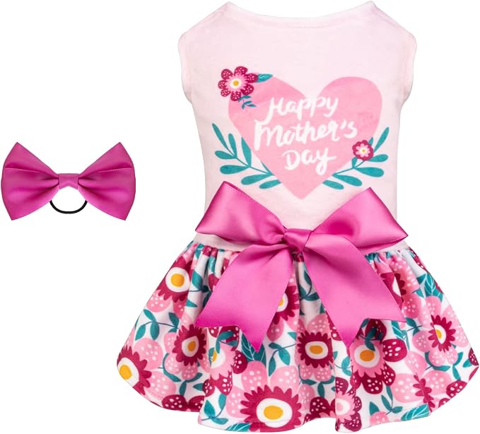 CuteBone Happy Mother's Day Dog Dress Velvet for Small Dogs Girl Floral Skirt Pink Puppy Dresses Dog Clothes