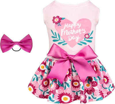 CuteBone Happy Mother's Day Dog Dress Velvet for Small Dogs Girl Floral Skirt Pink Puppy Dresses Dog Clothes