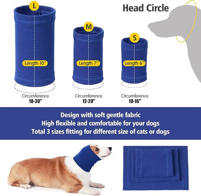 Dog Head Wrap - No Shake Quiet Ears for Dogs Anxiety Relief, Original Ear Covers Pet Calming Hoodie for Thunder, Lightning, Fireworks, Vet Visits, Grooming, High Stretch Ribbed Fabric, Blue L