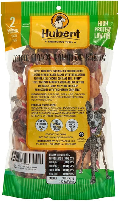 Hubert Pet Triple Flavored Rawhide Kabobs, Chicken, Duck & Pork Hide Dog Chews, All Natural Treats for All Dog Sizes, 2 Pound Resealable Bag