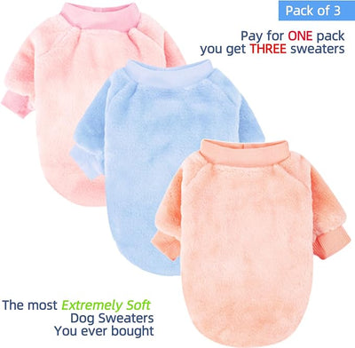 FabriCastle Dog Sweaters, 3-Pack Dog Clothes for Small Female Dogs & Cats, Soft and Warm Pet Coats XXS - XL, Winter Pet Jackets, Doggy Apparel Costumes Outfits (Ballet Pink,SkyBlue,Peach, Large)