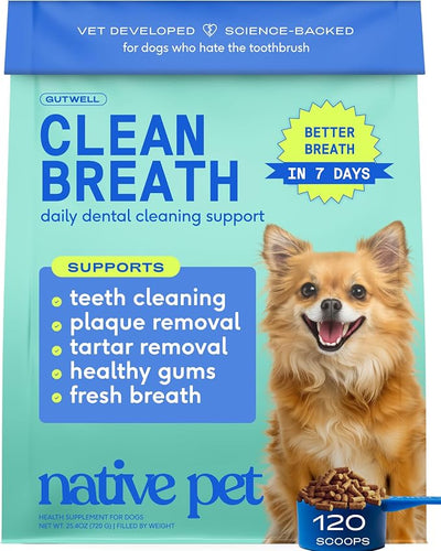 Native Pet Clean Breath Dog Dental Care - Teeth Cleaning for Fresh Breath, Clean Teeth & Healthy Gums - Tartar and Plaque Remover - Dog Breath Freshener - 120 Scoops