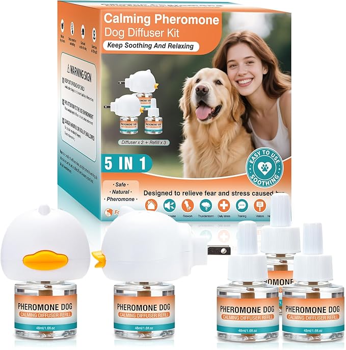 Dog Calming Pheromones Diffuser to Calm Pet 5 in 1 Advanced Kit Appeasing Pheromone Diffuser for Anxiety Relief (2 Plug in+3 Pack 48ml Refill) Reduce Aggression Fighting Barking Stress (Tasteless)