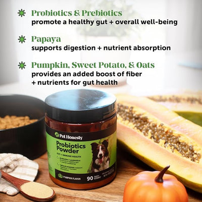 Dog Probiotic Powder with Digestive Enzymes + Prebiotics - Pumpkin Food Topper Supplement for Healthy Digestion, Sensitive Stomach, Gas Relief + Immune Support - Soluble Fiber for Dogs (90 Scoops)