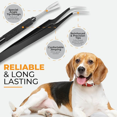 AKOSN Premium Tick Removal Tool - Stainless Steel Flea Remover for Pets Dogs Cats Humans -Safe Tick Control Puller &Precision Fine Point Tweezers to Completed Remove All Size Ticks, 1 Set