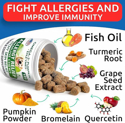 BARK&SPARK Dog Allergy Relief Soft Chews for Skin Health & Seasonal Allergies - Anti-Itch Supplement w/Omega-3, Quercetin & Bromelain Immune Treats for Dry Skin & Hot Spots - Peanut Butter - 180ct
