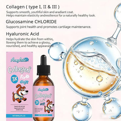 Liquid Collagen for Dogs, Dog Collagen Drops Supplement with Type I, II, III Collagen, Hyaluronic Acid, Glucosamine Hydrochloride Supports for Skin & Coat, Hips & Joints Healthy Collagen, 60ML/2FL.OZ