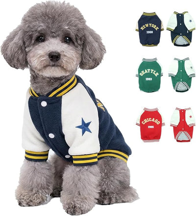 Small Dog Fleece Varsity Jacket for Winter, Warm Pet Coat with Snap Buttons, Cold Weather Heavyweight Coats for Cats & Puppies, Baseball Uniform Style Sport Costume for Dogs, Navy Blue, Size S